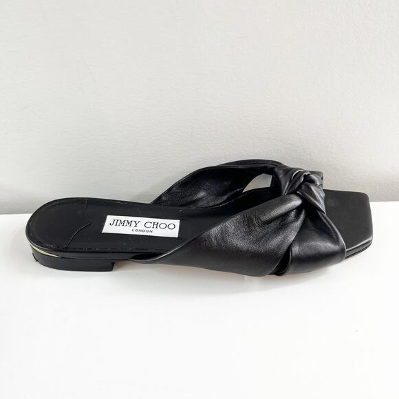 Jimmy Choo Avenue Leather Flat Slide Knot Sandals Black 38.5 - Picture 2 of 9
